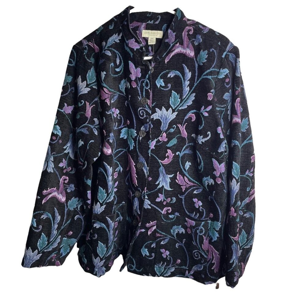 Appleseeds Blazer Womens 18W Button Front Jacket Top Black Embroidered Floral